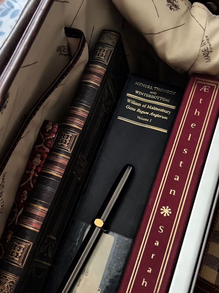 Antique books and a fountain pen resting in a leather bag