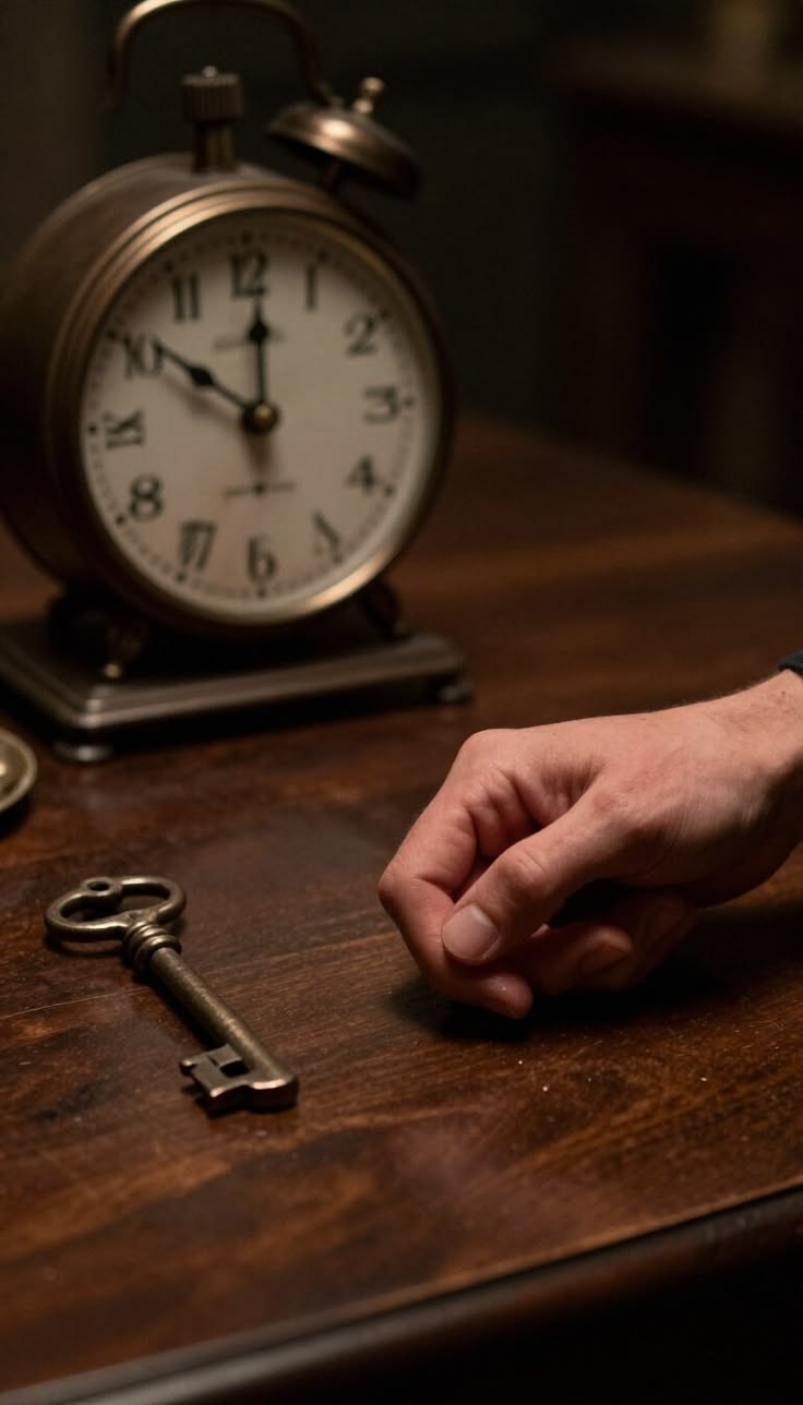An antique brass key resting beside a classic clock on a wooden table
