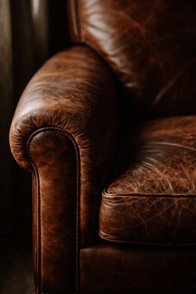 Detail of a vintage brown leather armchair